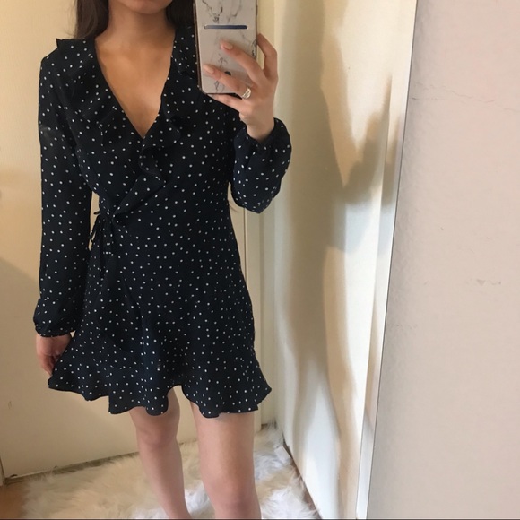long sleeve polka dot wrap dress